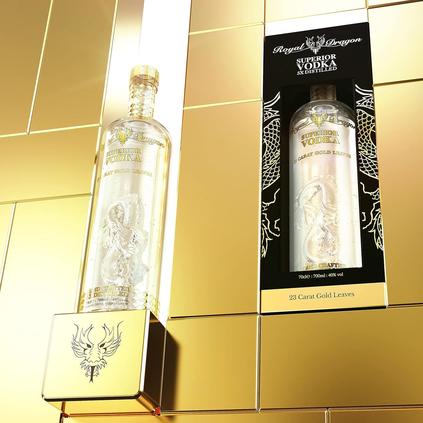 Royal Dragon Ultra Premium Vodka, 40 Percent Vol 70 cl (0.7 Litre) in Luxury Glass Dragon Bottle, Infused with 23 Carat Gold Leaves, in Gift Box