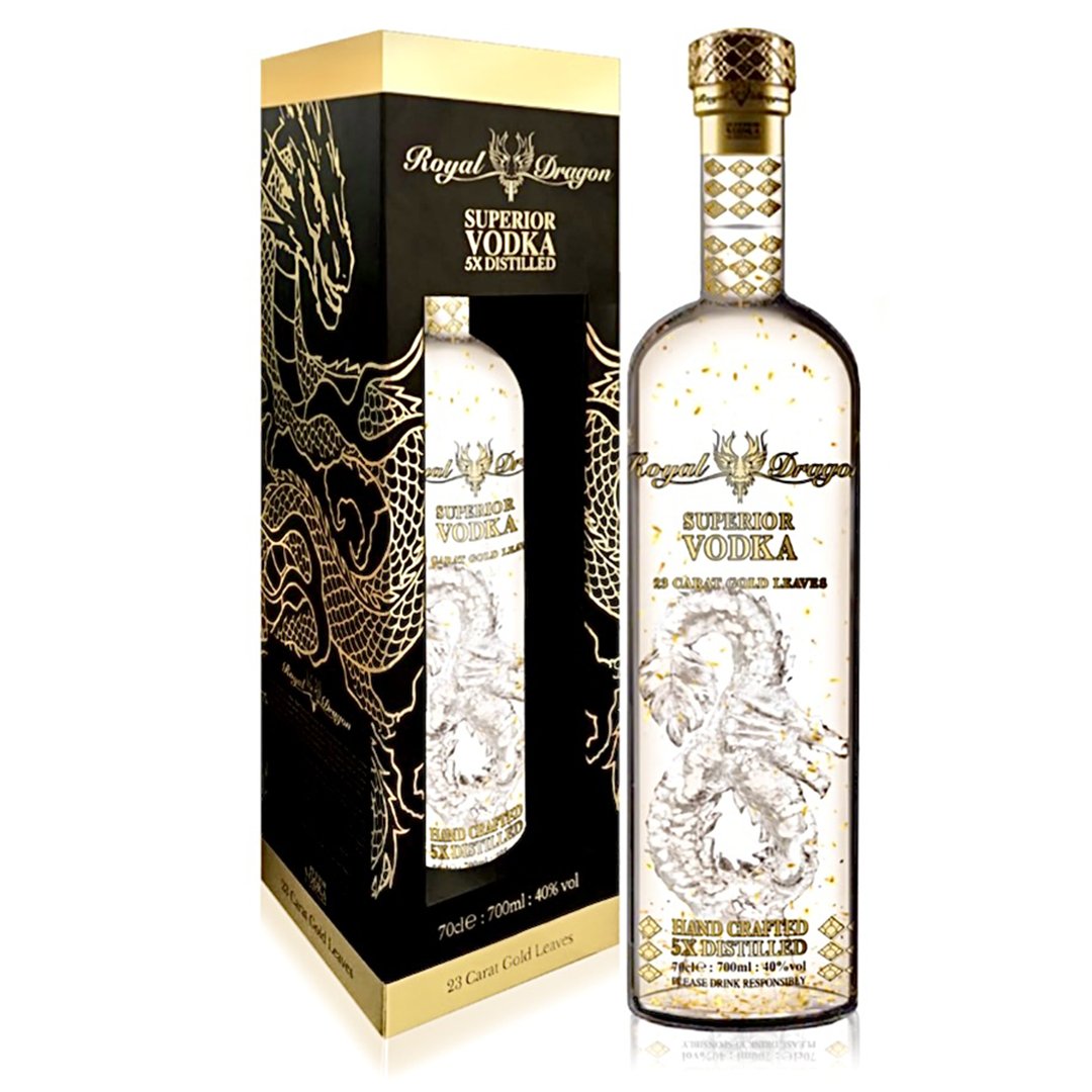 Royal Dragon Ultra Premium Vodka, 40 Percent Vol 70 cl (0.7 Litre) in Luxury Glass Dragon Bottle, Infused with 23 Carat Gold Leaves, in Gift Box